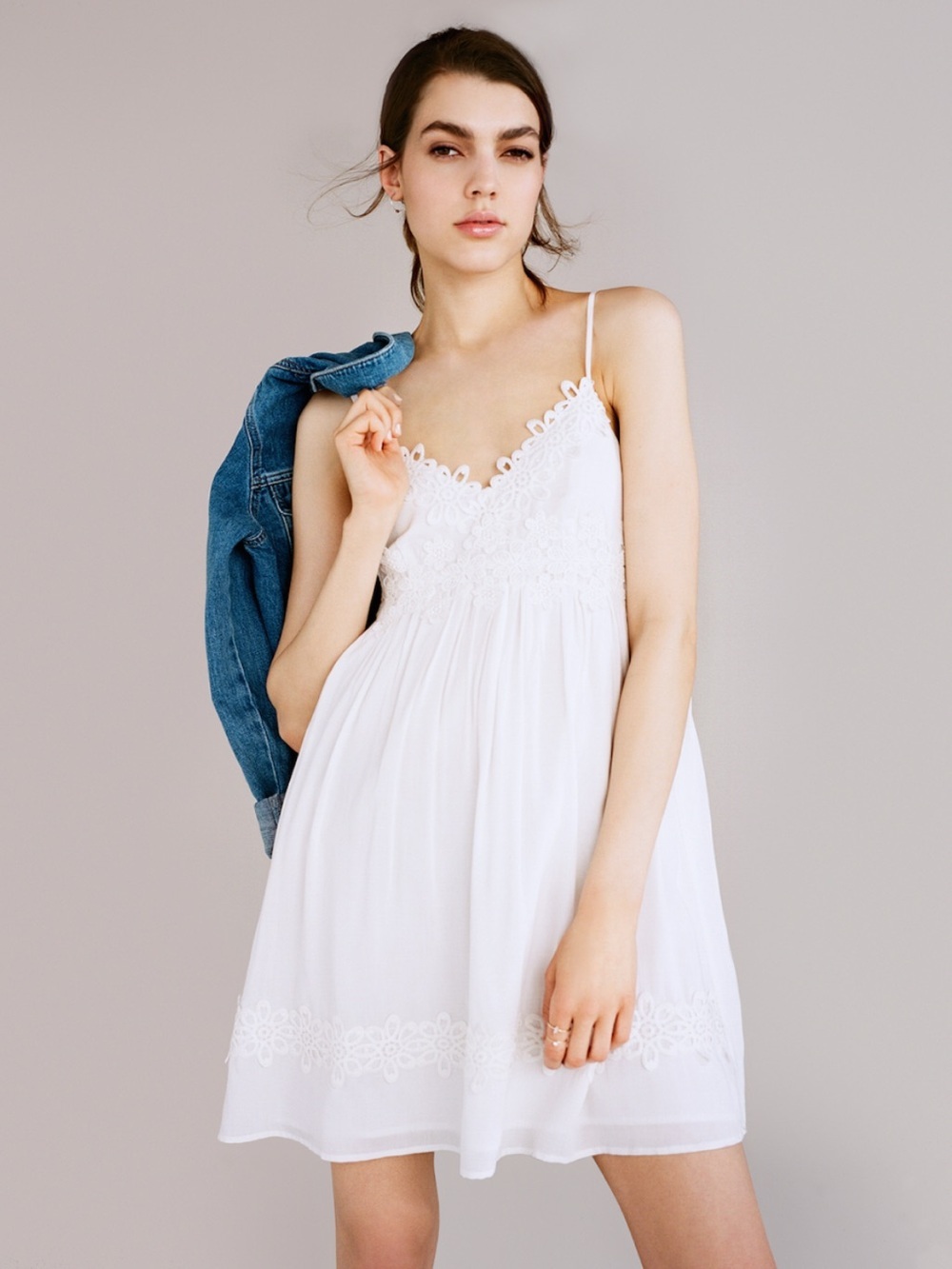 Topshop Babydoll Appliqué White Lace-Trim Slip Dress Adjustable Straps Sz SP